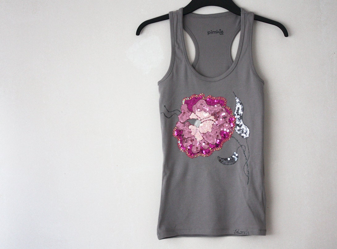 Pink Flower Shirt Grey Sequin painted embroidered