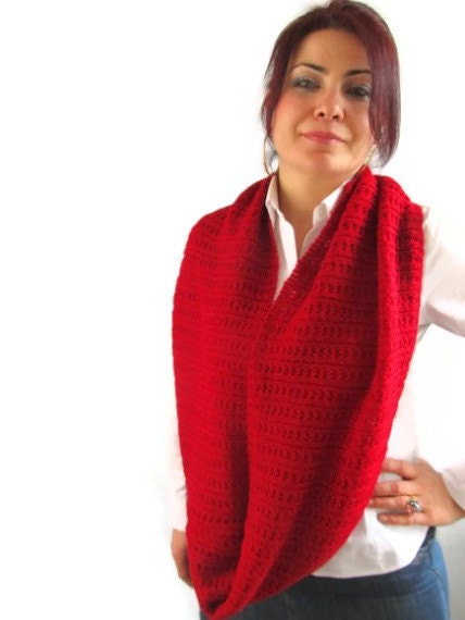 Red scarf crochet infinity scarf cowl neckwarmer super soft vegan handmade womens loop scarf eternity circle valentin gifts under 25