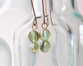 Sea Green Czech Glass Melon Bead Earrings.  Aged Brass.
