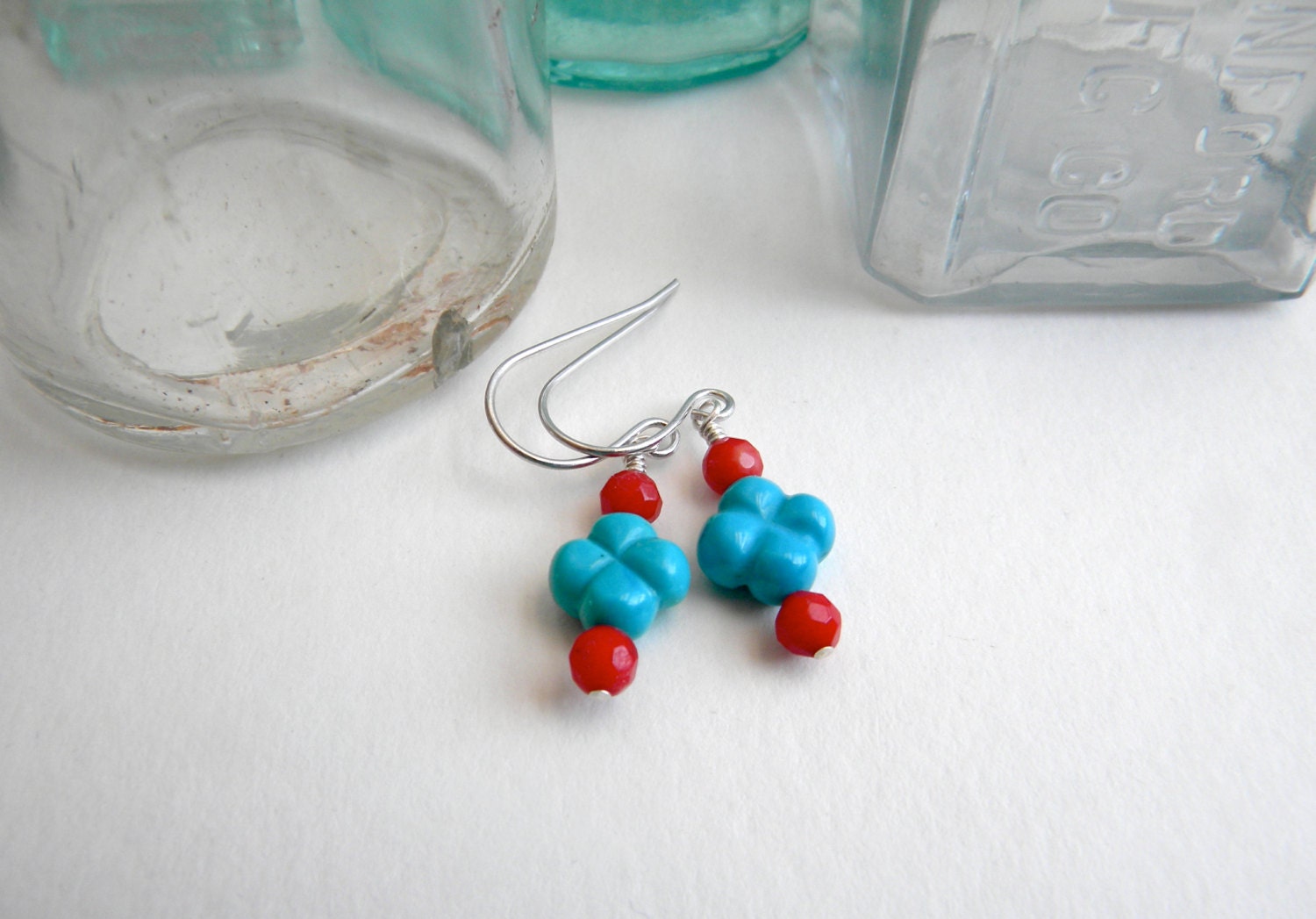 Turquoise Clover and Coral Earrings.  Silver.