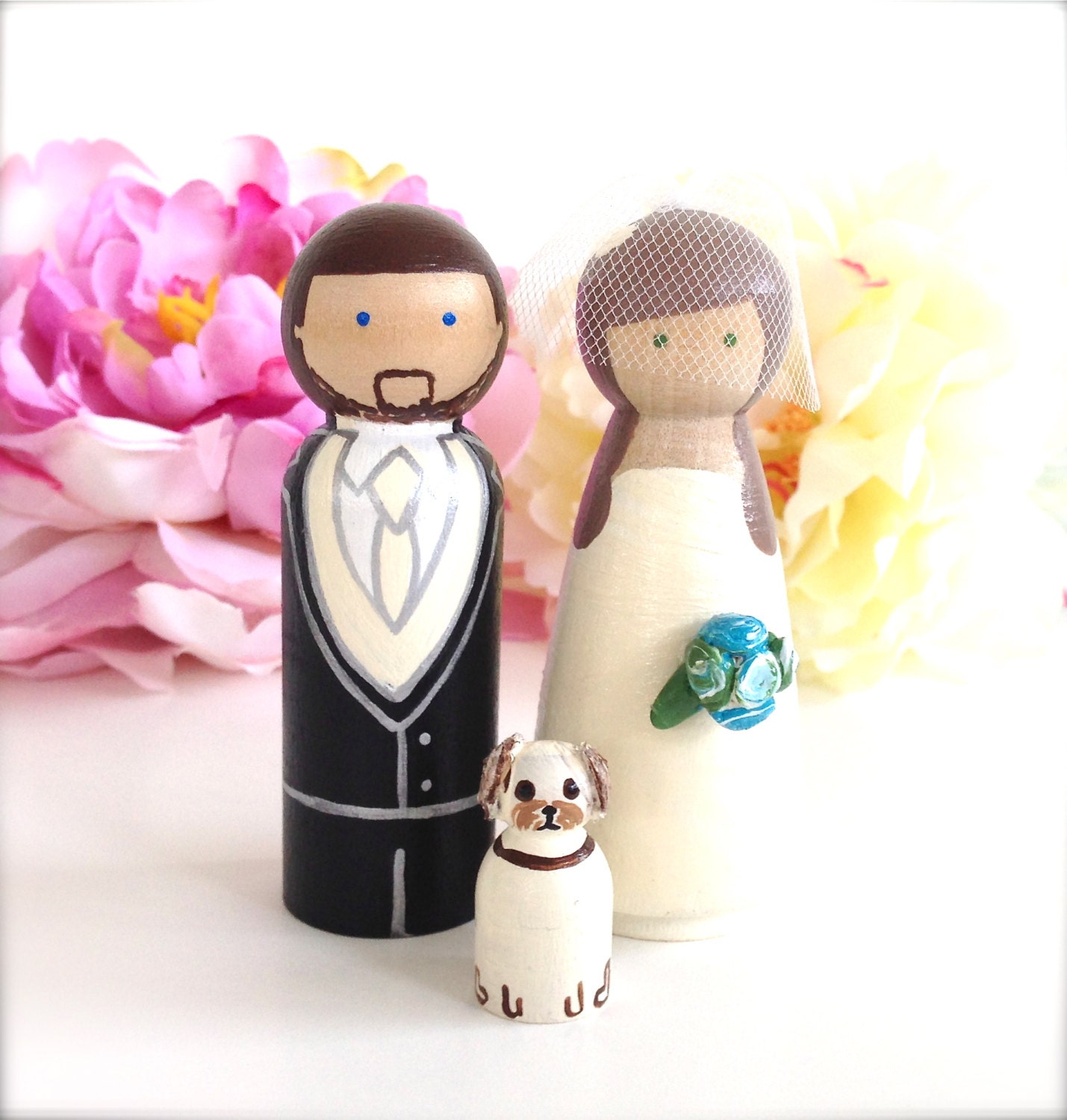 WEDDING TOPPERS with Pet Custom Wedding Cake Topper Bride and Groom 1 Pet Cat Dog Custom Peg Doll Wooden Cake Topper People Topper