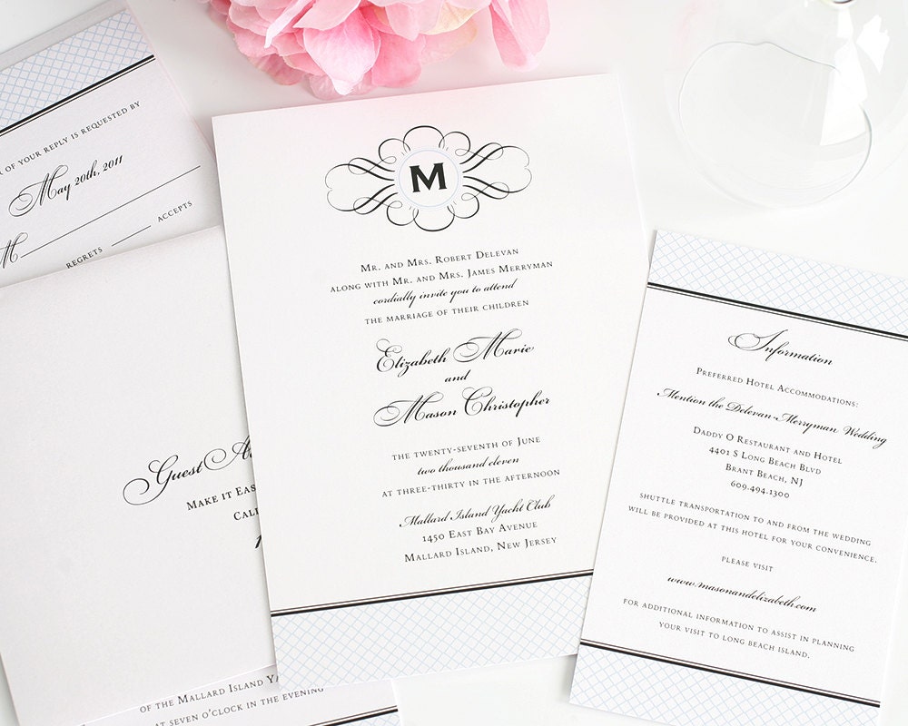 Elegance Monogram - Vintage Wedding Invitation - Baby Blue, Classic, Antique, Formal Wedding Invitations - Sample Set