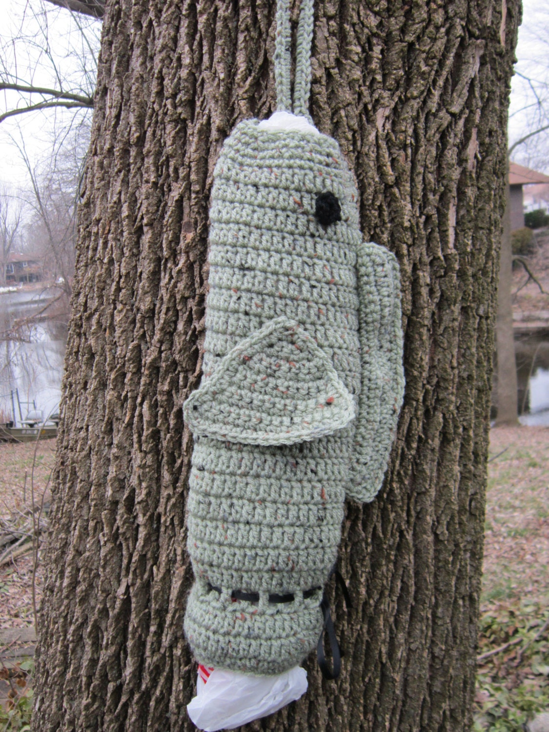Crochet Plastic Bag Holder Wide Mouth Bass Gray Green Speckled Father's Day