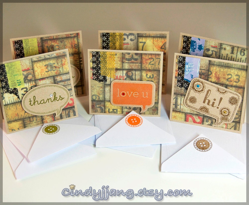 Kraft Mini Vintage Cards - Set of 6 with a Box, Handmade, 3x3, Greeting Cards, Thank You, Loved One, Blank, Note Card, Love, Hello, Stamped