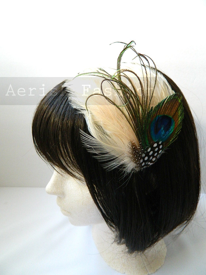 IVORY Peacock feather derby fascinator - Tara Design  - CHOOSE headband, hair clip, or comb