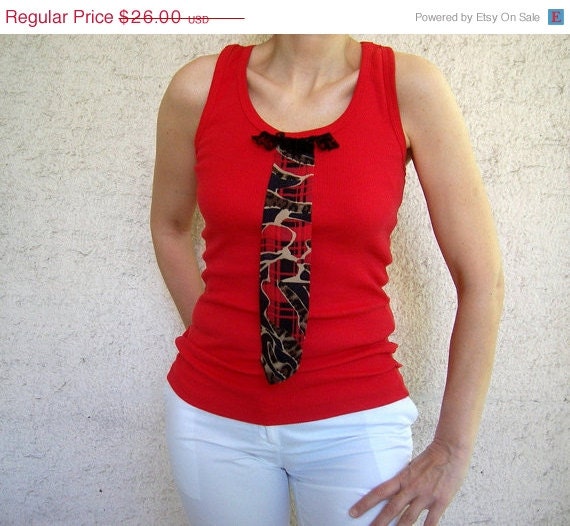 ON SALE 40 % OFF Red Tshirt , Women Tank, Womens Tshirt, Top with Necktie,Cotton Tshirt