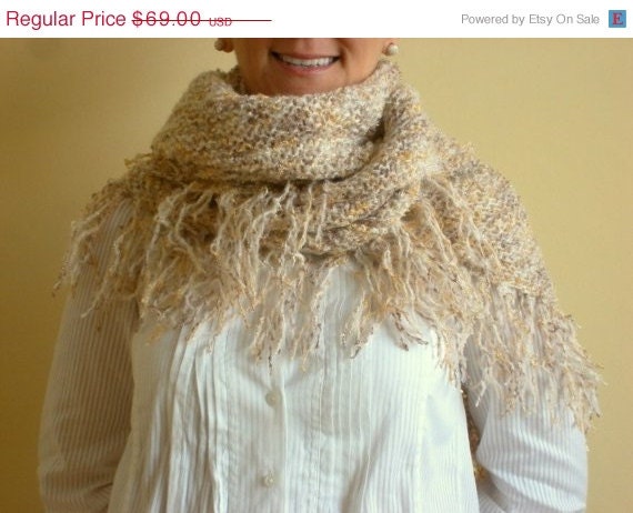 ON SALE 40 % OFF Hand Knitted  Shawl Capelet  Beige Light Brown