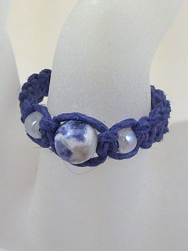 Denim Blue Hemp Ring with Sodalite Gemstone and White Glass Beads