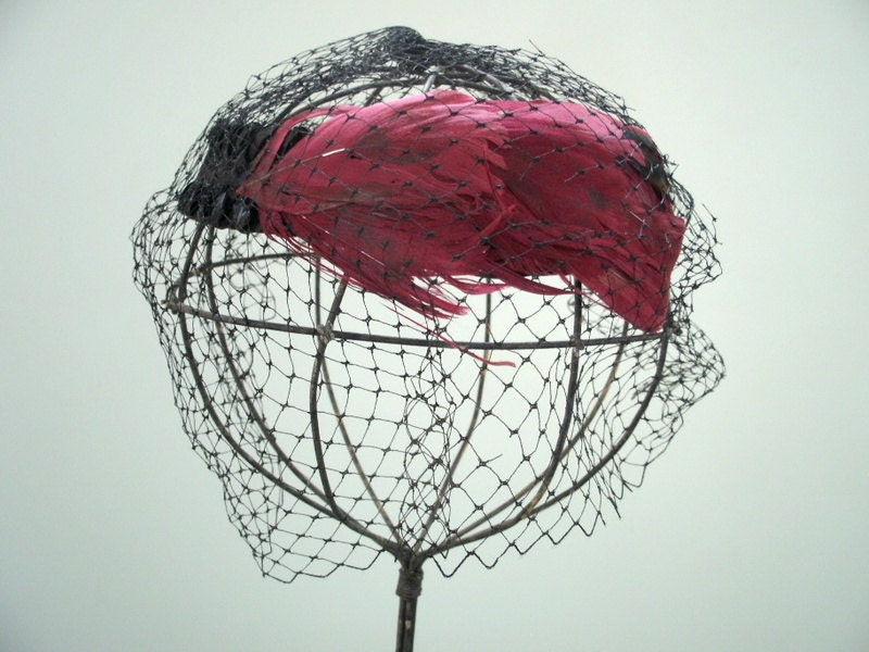 Vintage Feathered Fascinator Hat Black Netting with Burgandy Feather Accent