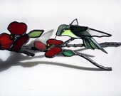 Hummingbird stained glass, bird on a branch, decorative art  window suncatcher spring home decor