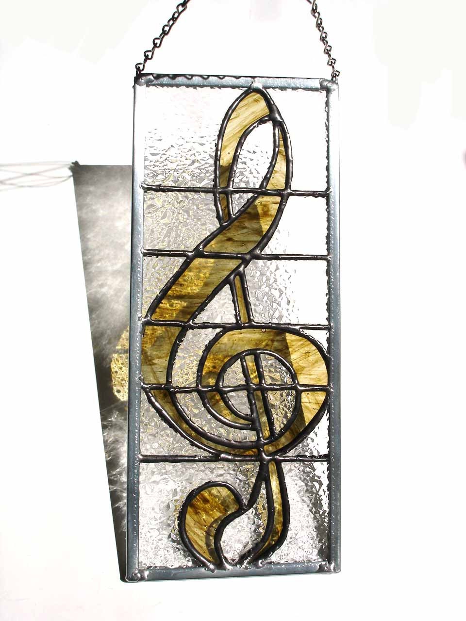 G clef musical note stained glass suncatcher, tortoise brown music lover gift under 50