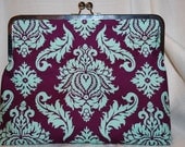 Purple and Light Blue Damask Print Clutch Crossbody Handbag with Birds on Twigs Lining