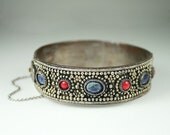 Vintage Chinese Export Silver Plated Lapis Coral Hinged Bangle Bracelet