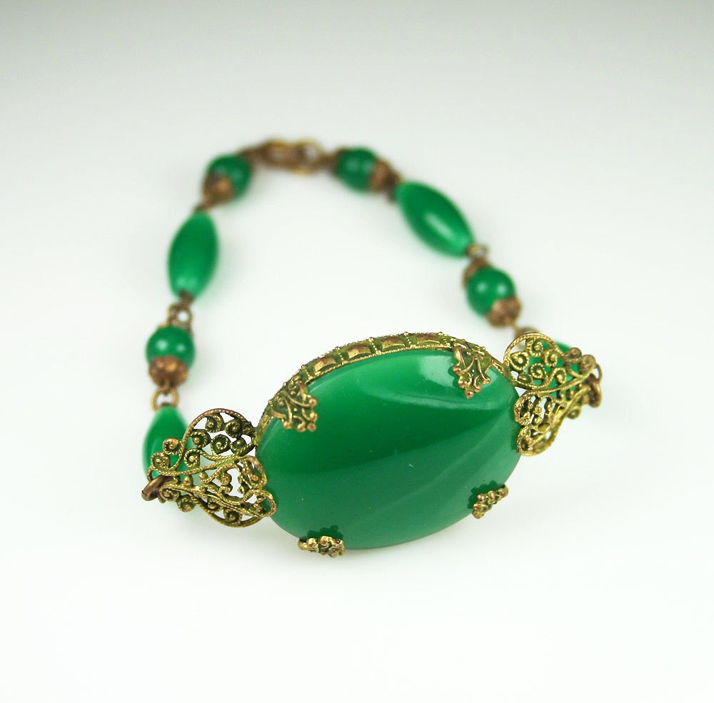 Art Deco Czech Emerald Green Glass Gilt Filigree Bracelet