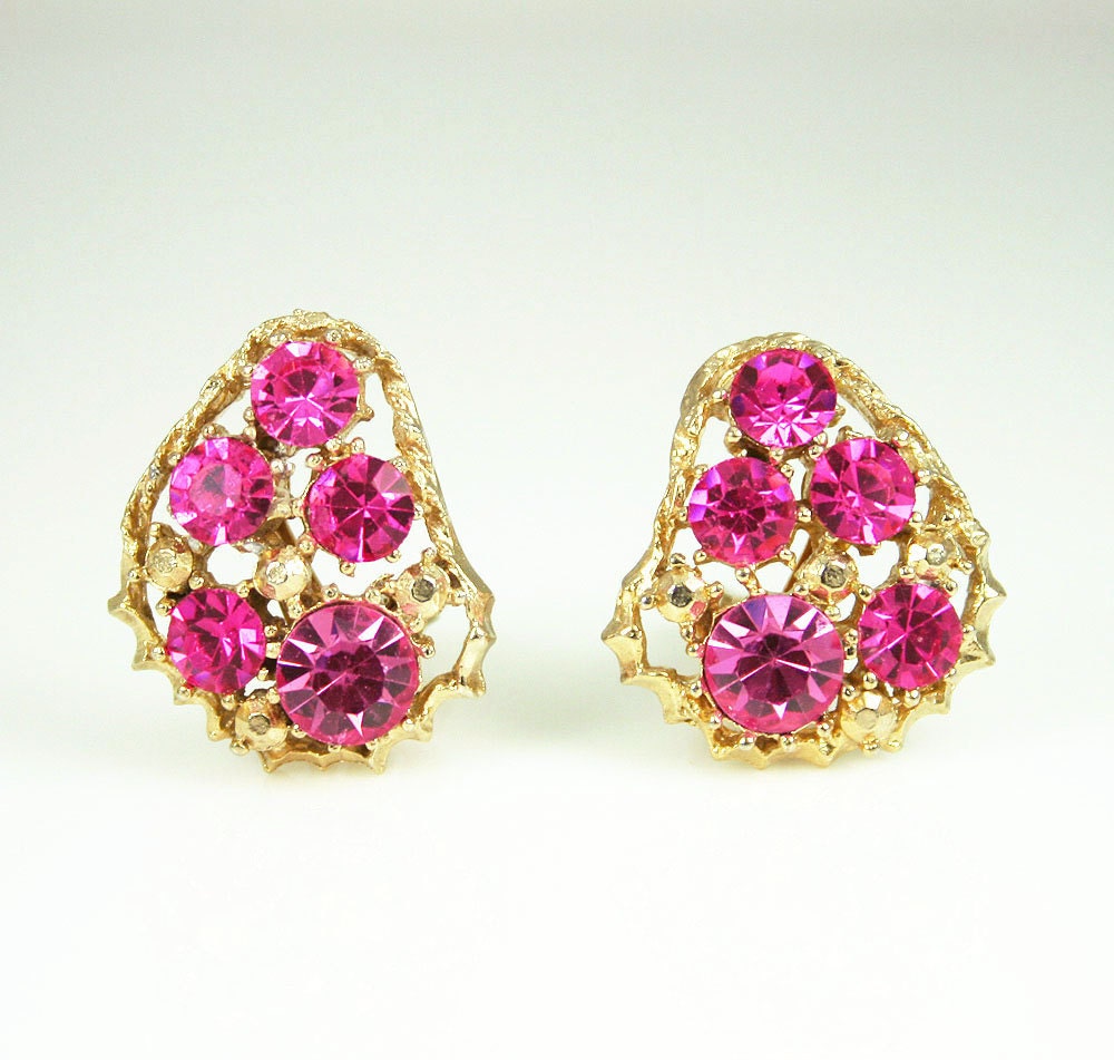 Vintage Weiss Hot Pink Rhinestone Earrings