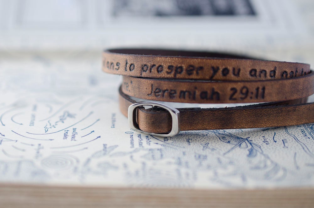 Ultra Long Carved Custom Quote Leather Wrap Bracelet - Bible Verse Jeremiah 29:11