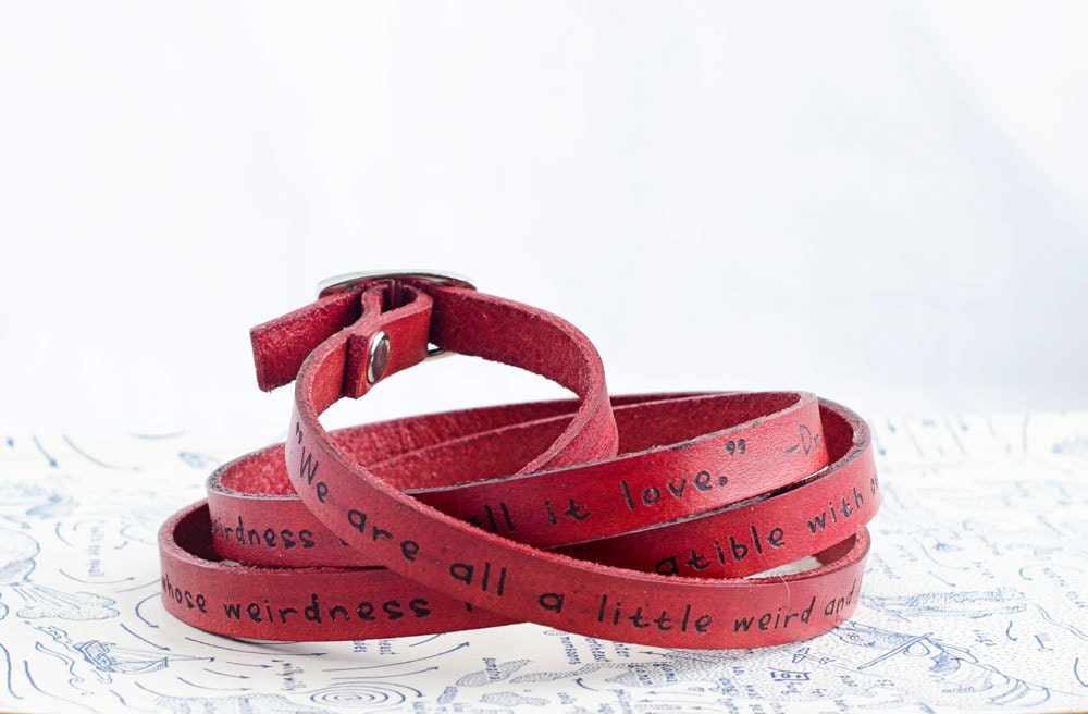 Dr. Seuss Weirdness Love Quote on Ultra Long Leather Wrap Bracelet in Red