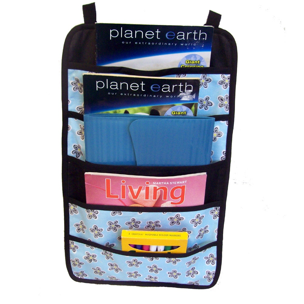 Hanging Car Organizer Magazine Rack in Blue, Gray and Black
