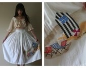 80s Novelty Printed Skirt Crisp White Cotton Nautical Beach Vacation Full Skirt Cote D' Azur Size Extra Small xs (000-00-0)