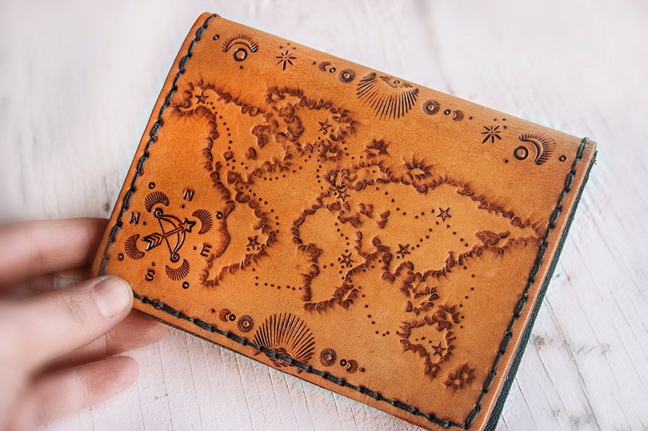 Leather Passport Cover - Custom and hand tooled leather - Journey world map - Not all those who wander are lost