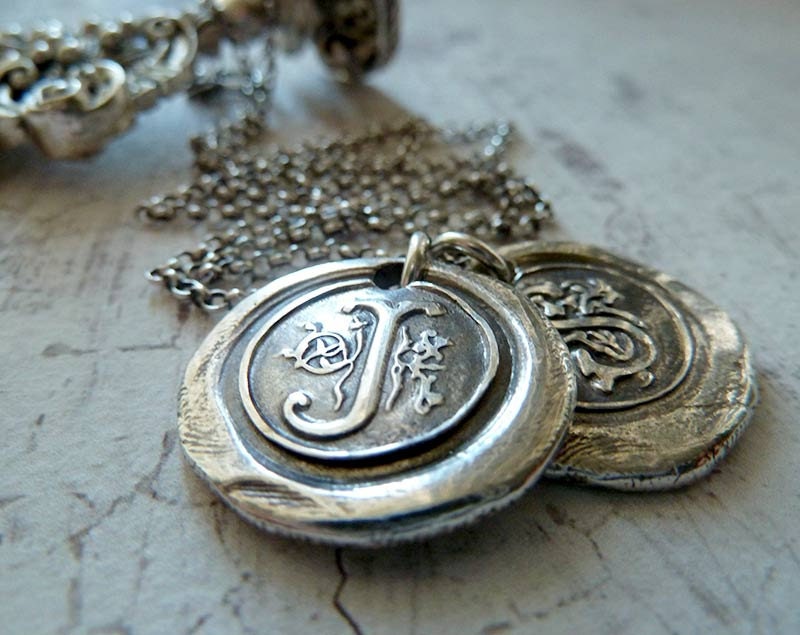 Personalized Two Monograms Silver Letters Wax Seal Necklace. Any Two Letters Made to Order. Wax Seal Fine Silver Stamped Jewelry
