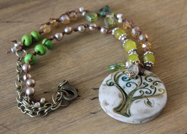 Bohemian style necklace Boho Beach Tree of Life Green Turquoise, Peridot, Golden, brown, green,gold, tree pendant,  antique brass chain