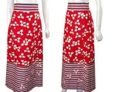 Vintage 1970sRed White & Blue Maxi Skirt With Stripes, Flowers and Rhinestones
