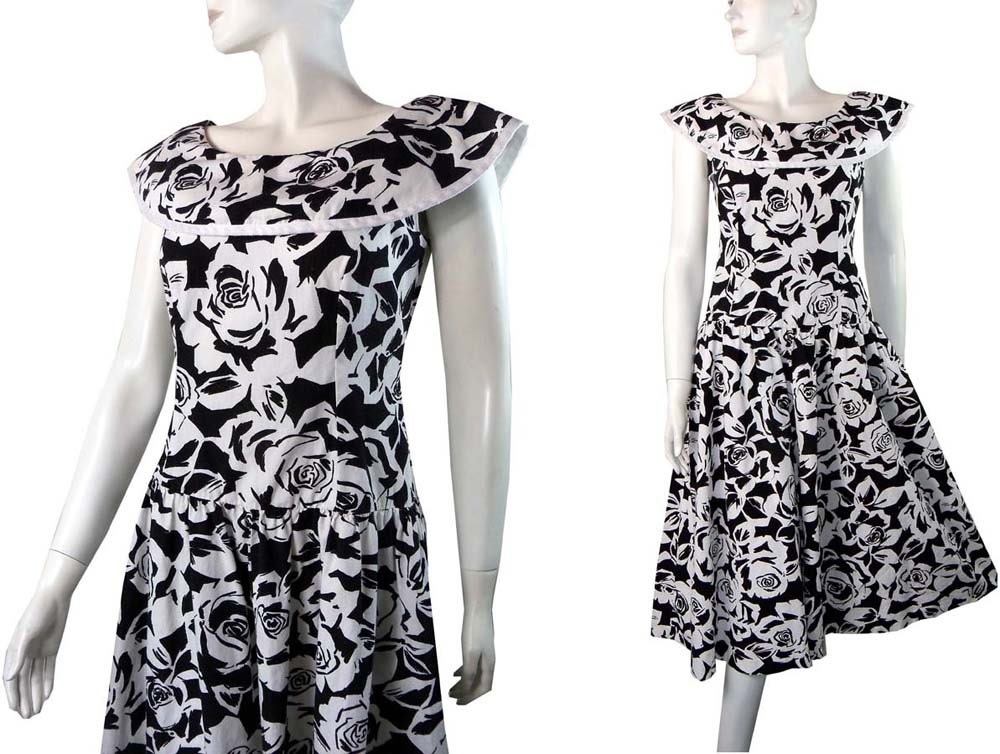 Vintage 1980s Lanz Original Black  & White ROSES Graphic Print Garden Party Dress Size 8