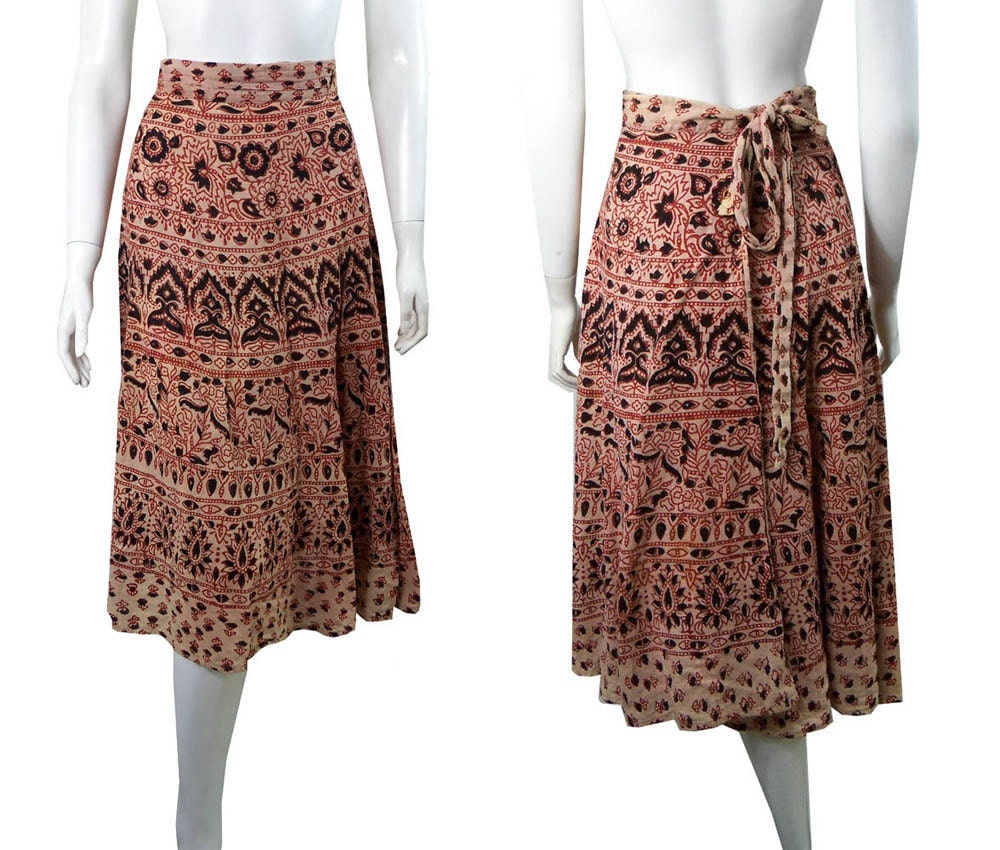 Vintage Hippie 1970s Batik Cotton Gauze Wrap Skirt Indian Fantasy Boho