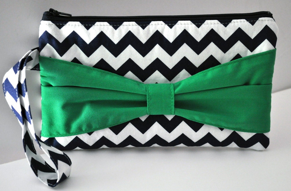 Chevron Bow Clutch in Navy Chevron with Emerald Green Bow Bridesmaids Gift Preppy Clutch Nautical Clutch