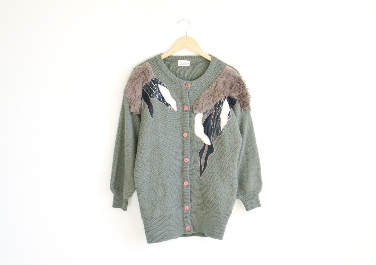 Vintage 1980s olive grey sweater jacket with fur trimmings.