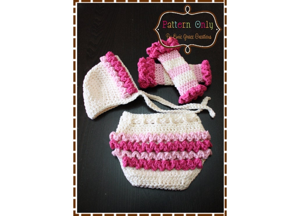 Ruffled Bonnet Hat, Diaper Cover and Leg Warmers Pattern SET - LILY - 221, 709, 708