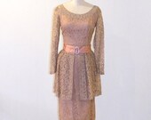 1950s Lace Peplum Dress, 50s Cocktail Dress, Vintage Ecru Lace Illusion Sheath Wiggle Wedding Party Dress, Satin Band & Rhinestone Pin
