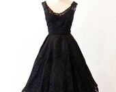 1950s Party Dress, Black Silk & Lace 50s Dress, Blum's Vogue Designer Vintage Cocktail Dress and Built-in Corset Underdress