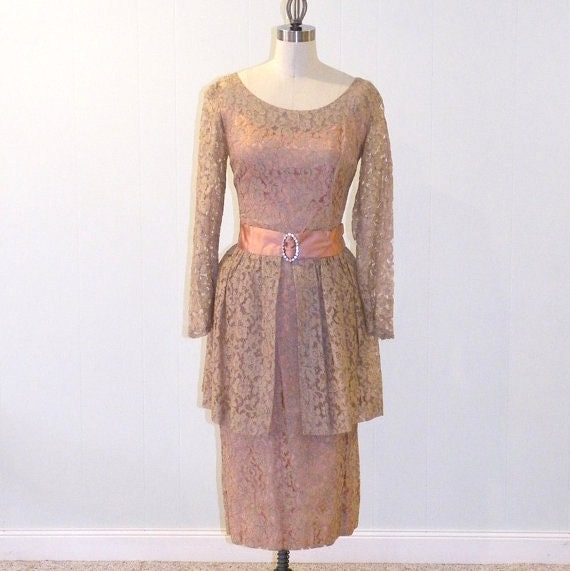 1950s Lace Peplum Dress, 50s Cocktail Dress, Vintage Ecru Lace Illusion Sheath Wiggle Wedding Party Dress, Satin Band & Rhinestone Pin