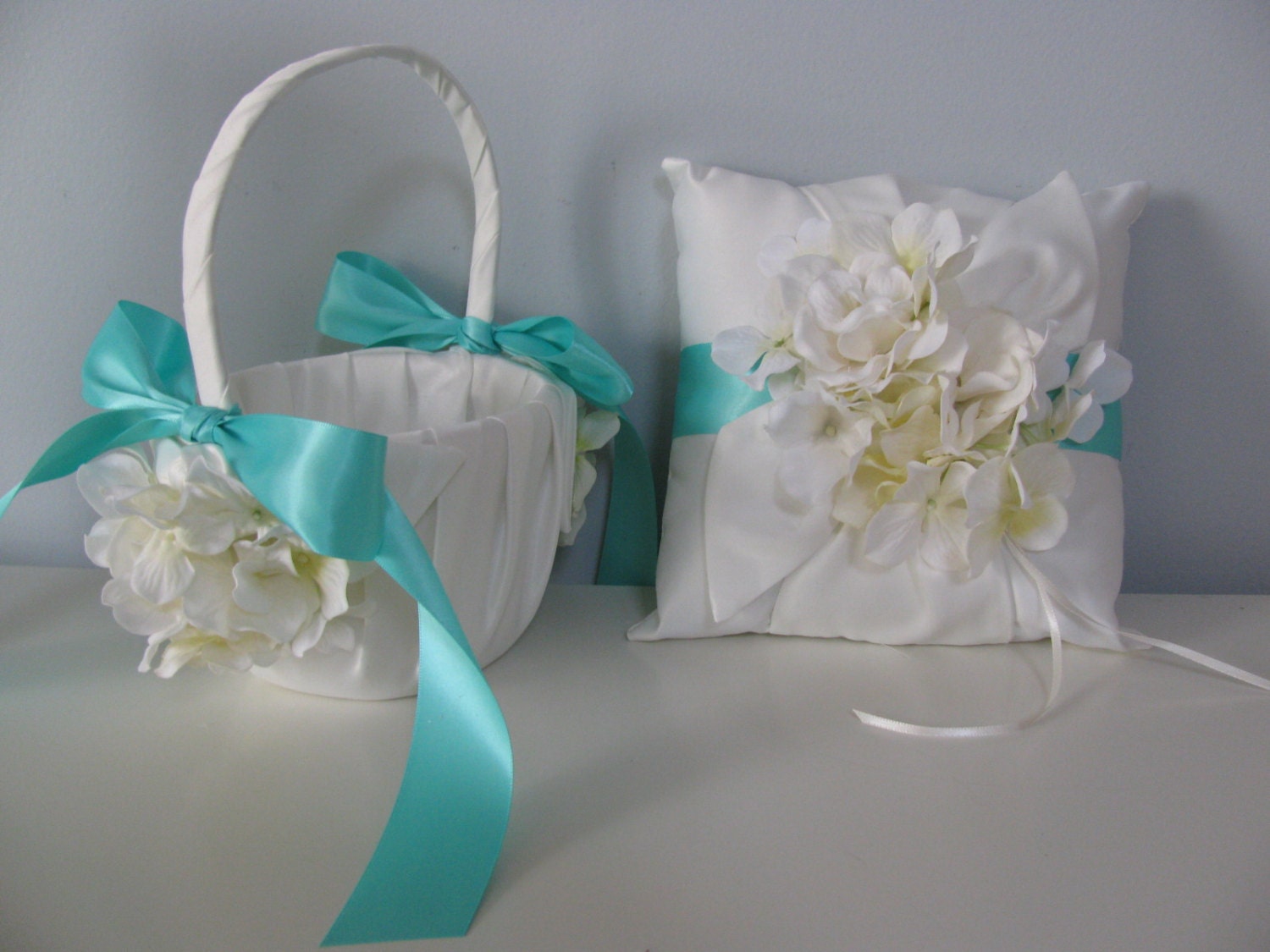 Flower Girl Basket and Ring Bearer Set of 2- Satin Ivory or White Ivory Tiffany Blue with White Hydrangeas You Customize