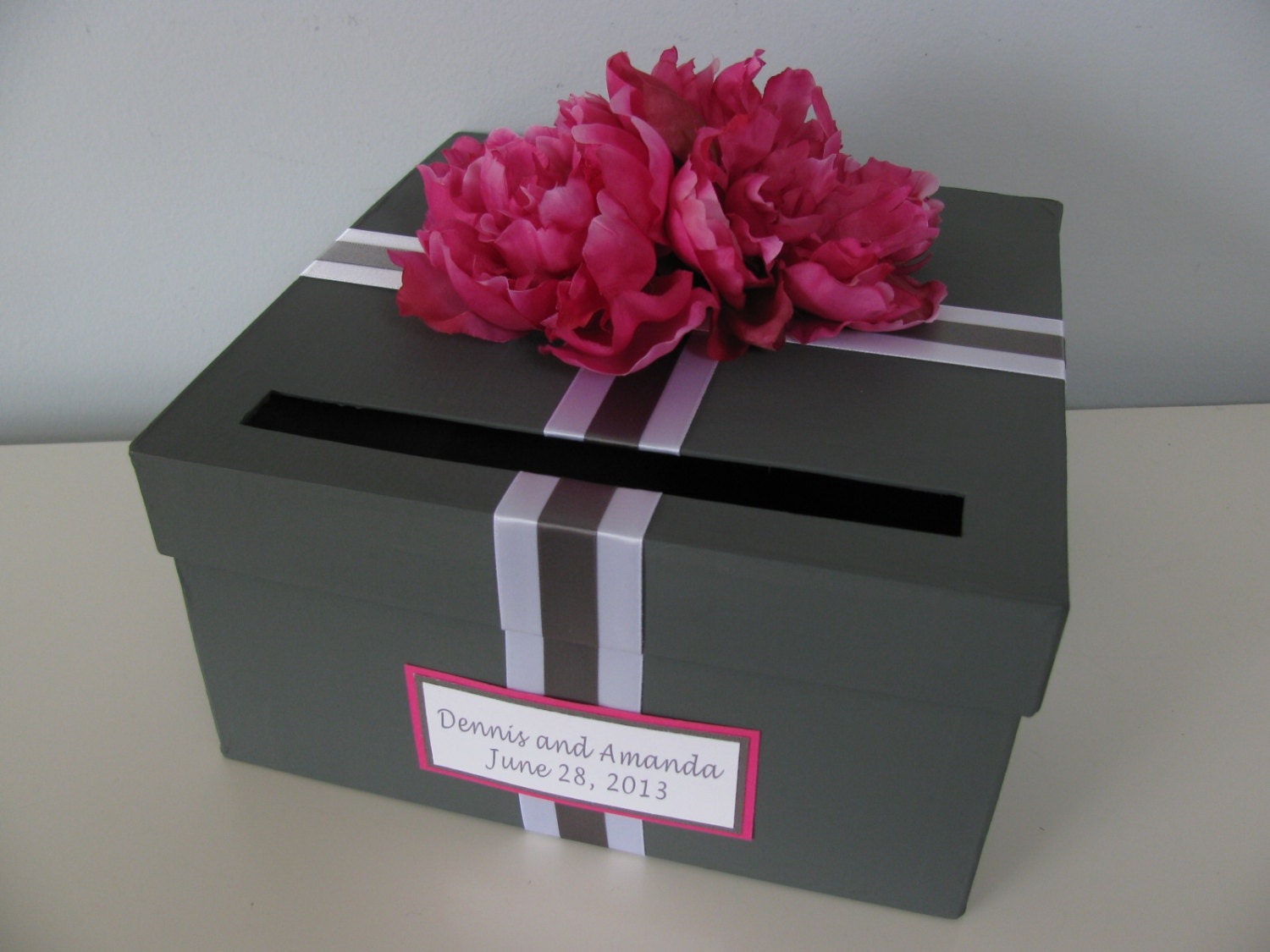 Charcoal Gray Modern Wedding Card Box Custom Card Box Personalized Tag You choose Flowers and Colors shown with Fuchsia Hot Pink Peonies