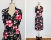 Vintage 1980s Hawaiian Print Dress / Navy Blue and Pink Hibiscus Floral Print / 80s Day Dress / Size Medium M