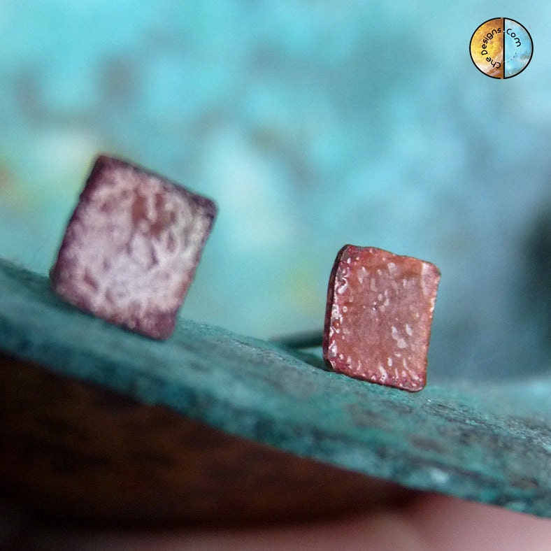 Handmade, Forged,  Square Copper Dot Post Earrings with Clear Enamel