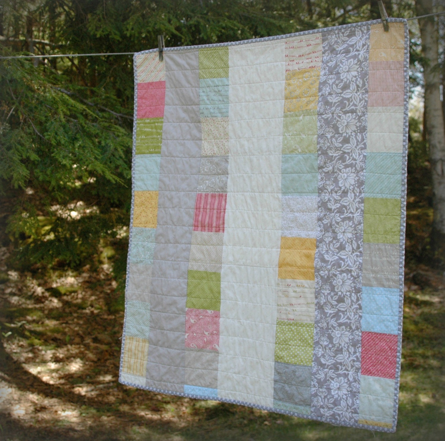 Patchwork Baby Quilt with Hand-stitched Binding, Ready to Ship