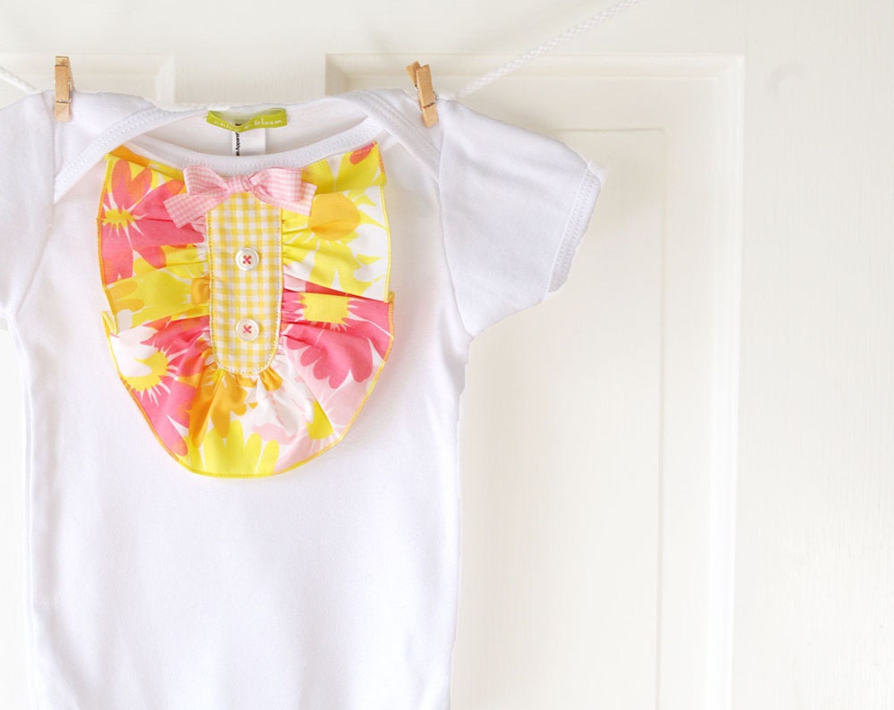 Pink & Yellow Ruffle Onesie-Baby Girl-  VintageDaisy Floral- Handmade- 6m 12m 18m-Baby Shower Gift- Recycled- Spring Fashion
