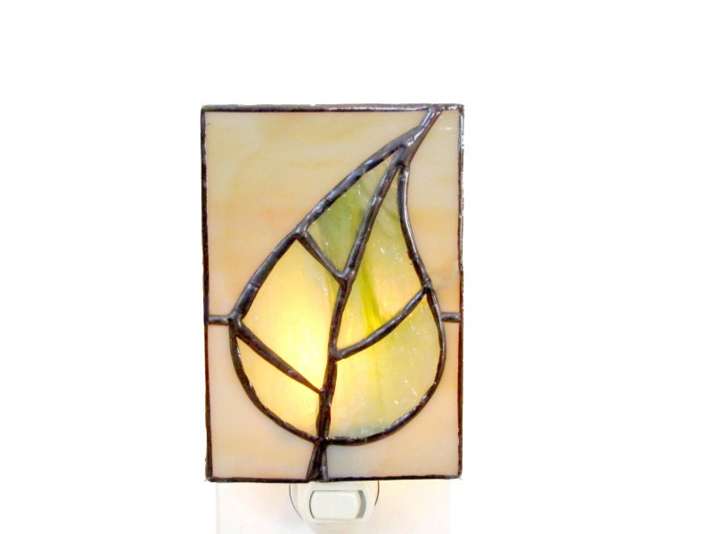 Tree Stained Glass Night Light Green Beige Nightlight Handmade OOAK