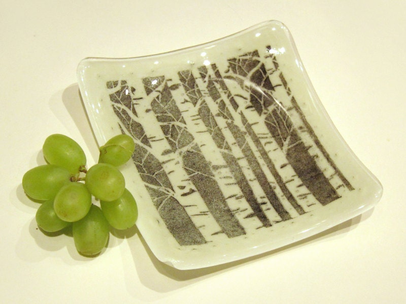Birch Fused Glass Plate 6x6 Art Glass Dish Home Decor Accent Handmade OOAK