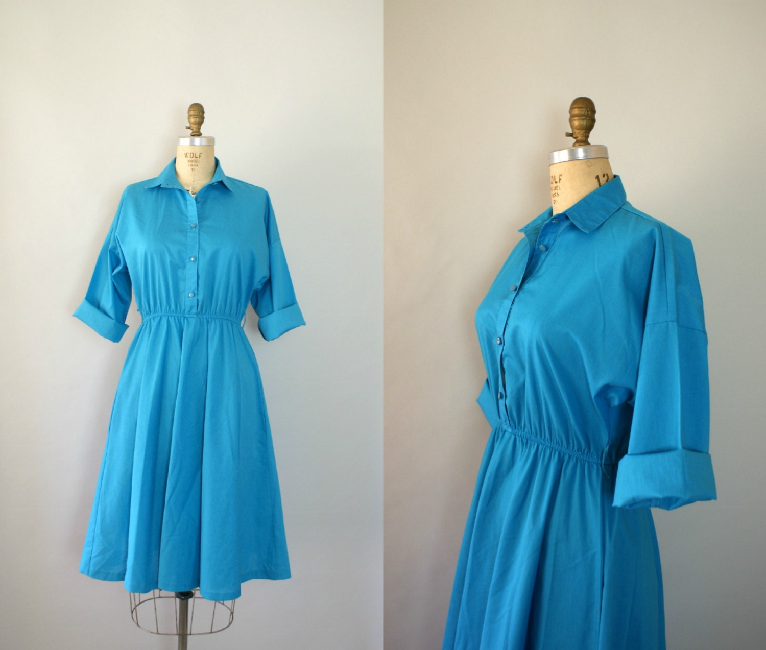 Vintage 1980s Dress - Teal Blue Shirtwaist Day  Dress - On Turquoise Seas