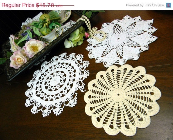 ON SALE 3 Vintage Crocheted Doilies in Shades of White 9848