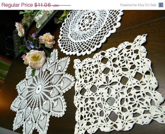 ON SALE 3 Vintage Crocheted Doilies in Shades of White - Some Damage 9860