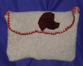 Felted alpaca Clutch Purse beige nuetral color with burgundy felted flowers upcycled wool Hand Crocheted Orange Edge