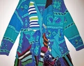 Reconstructed sweater coat in cotton Turquoise, blue fits sizes large- 2x