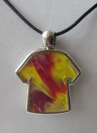 Hand Painted T shirt SilverTone Two Sided Pendant on Black Leather Chain