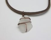 Beach Glass Necklace Frosted White Wire Wrapped With Leather Cord Handmade